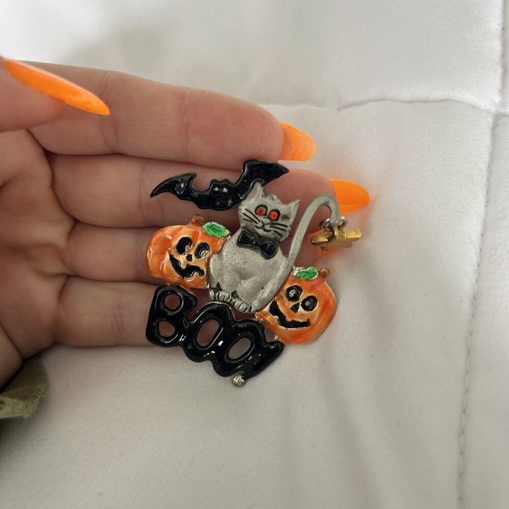 Vintage AJMC Large Halloween Cat Jack O Lantern Bat Boo Enamel Pewter Brooch Pin - Picture 3 of 6